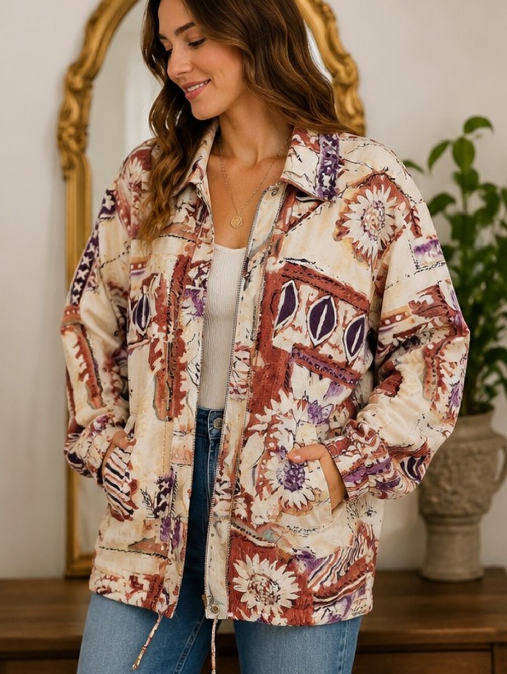 Vintage Caché Printed Jacket | Sequin Detail | Lined Statement Coat